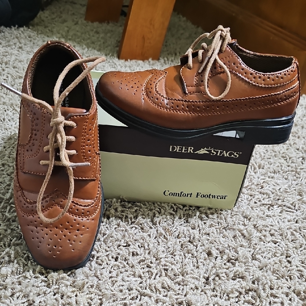 Deer Stags Brown Ace Wing Tip Oxford Shoes Lace Up Kid's Boy's Dress Shoes